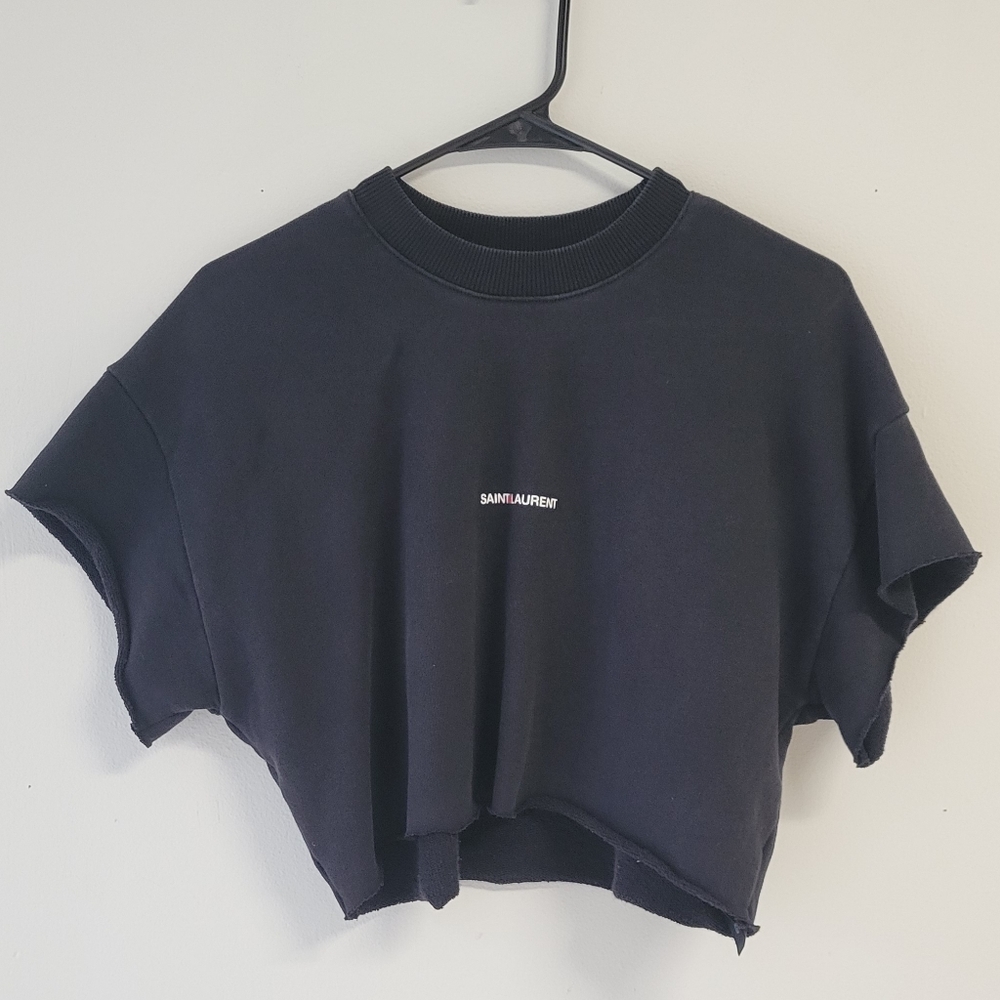 Saint Laurent Logo Cropped Short Sleeve Boxy Sweatshirt Black Raw Hem XS YSL